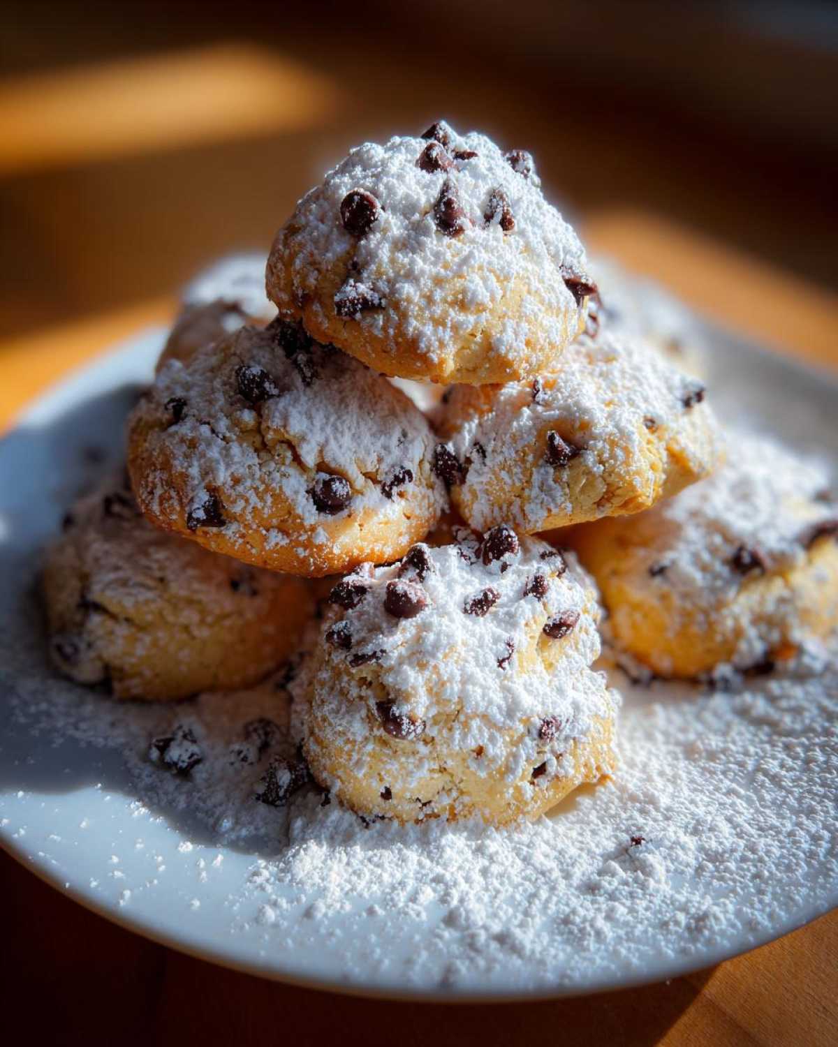 A stack of soft cannoli cookies generously dusted with powdered sugar and mini chocolate chips.