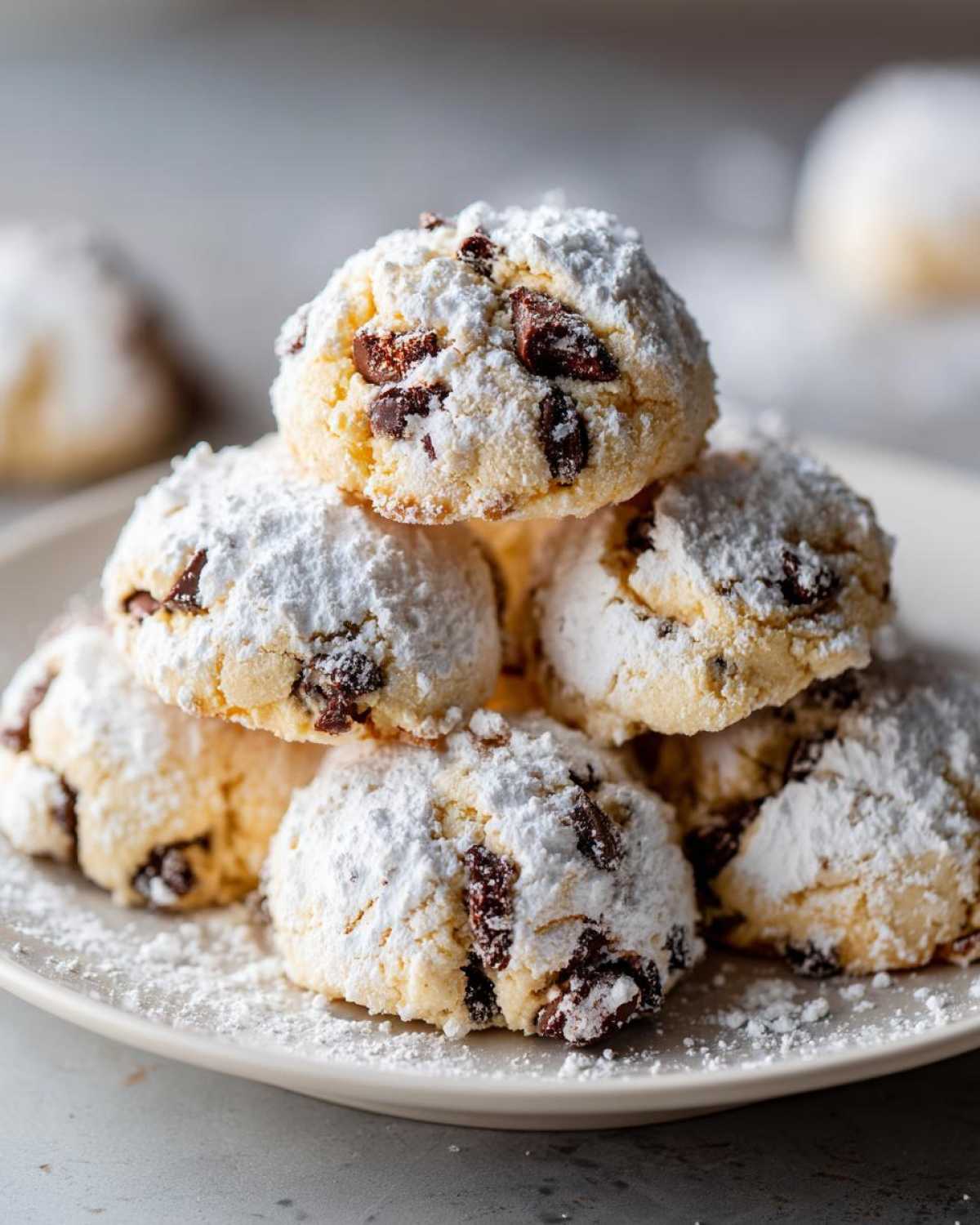 A close-up stack of soft cannoli cookies filled with chocolate chips and heavily dusted with powdered sugar.