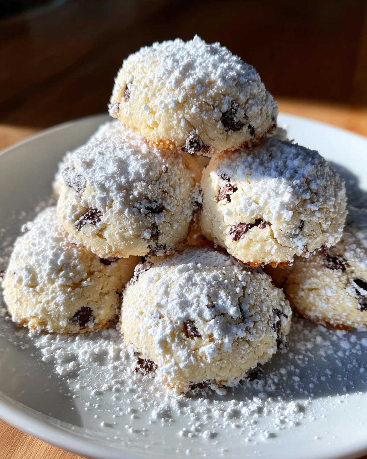 A pile of soft cannoli cookies studded with chocolate chips and heavily dusted with white powdered sugar.
