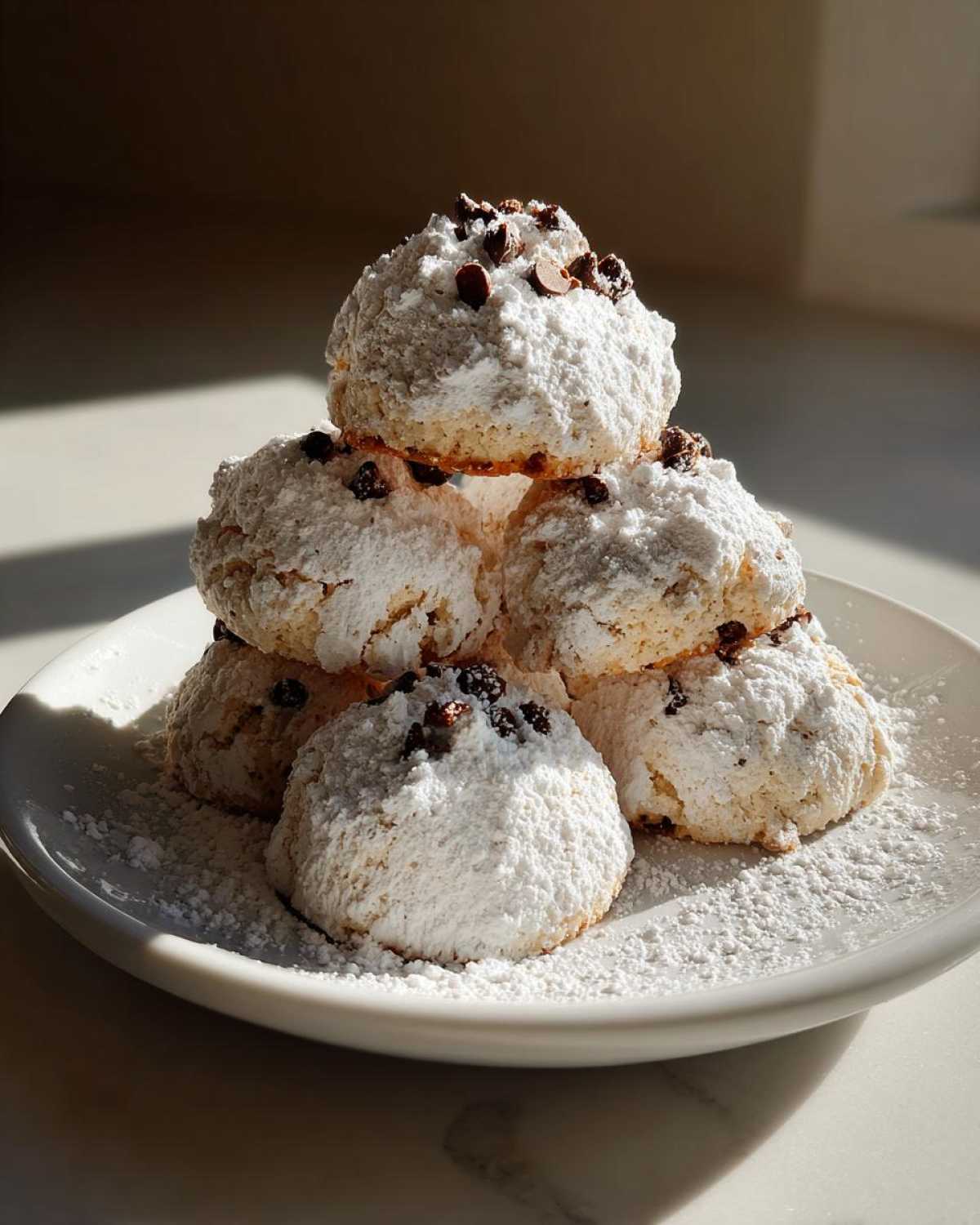 A pyramid stack of soft cannoli cookies heavily dusted with powdered sugar and topped with mini chocolate chips.