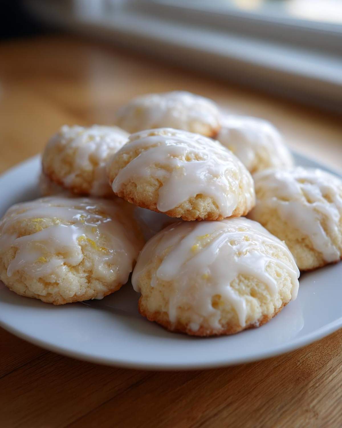 A plate piled high with soft ricotta cookies topped with a bright white lemon glaze.