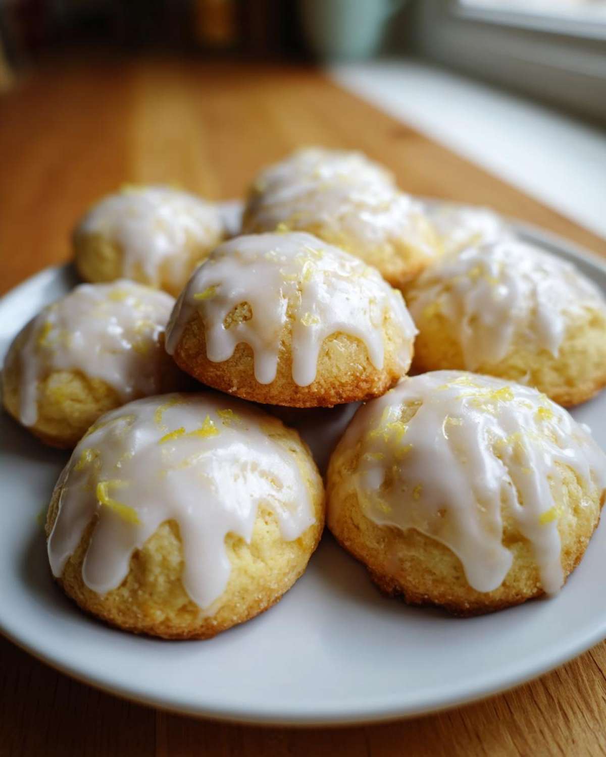 A stack of soft, round ricotta cookies topped with white lemon glaze and fine lemon zest.