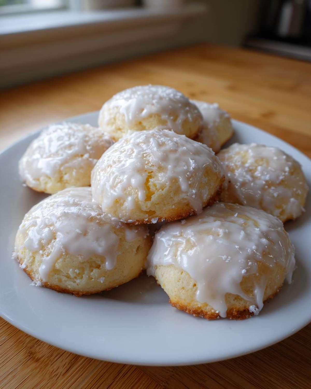 A stack of soft, glazed ricotta cookies piled high on a white plate, ready to eat.