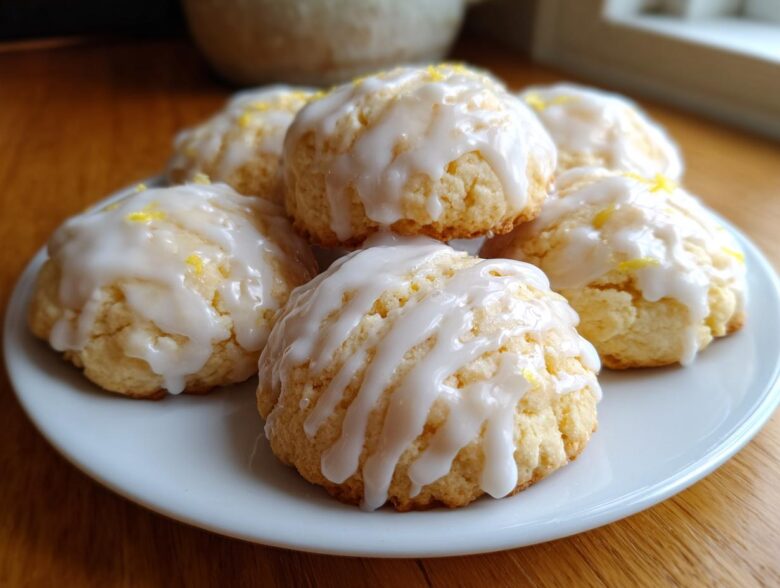 A plate of soft ricotta cookies topped with a thick white lemon glaze and lemon zest.