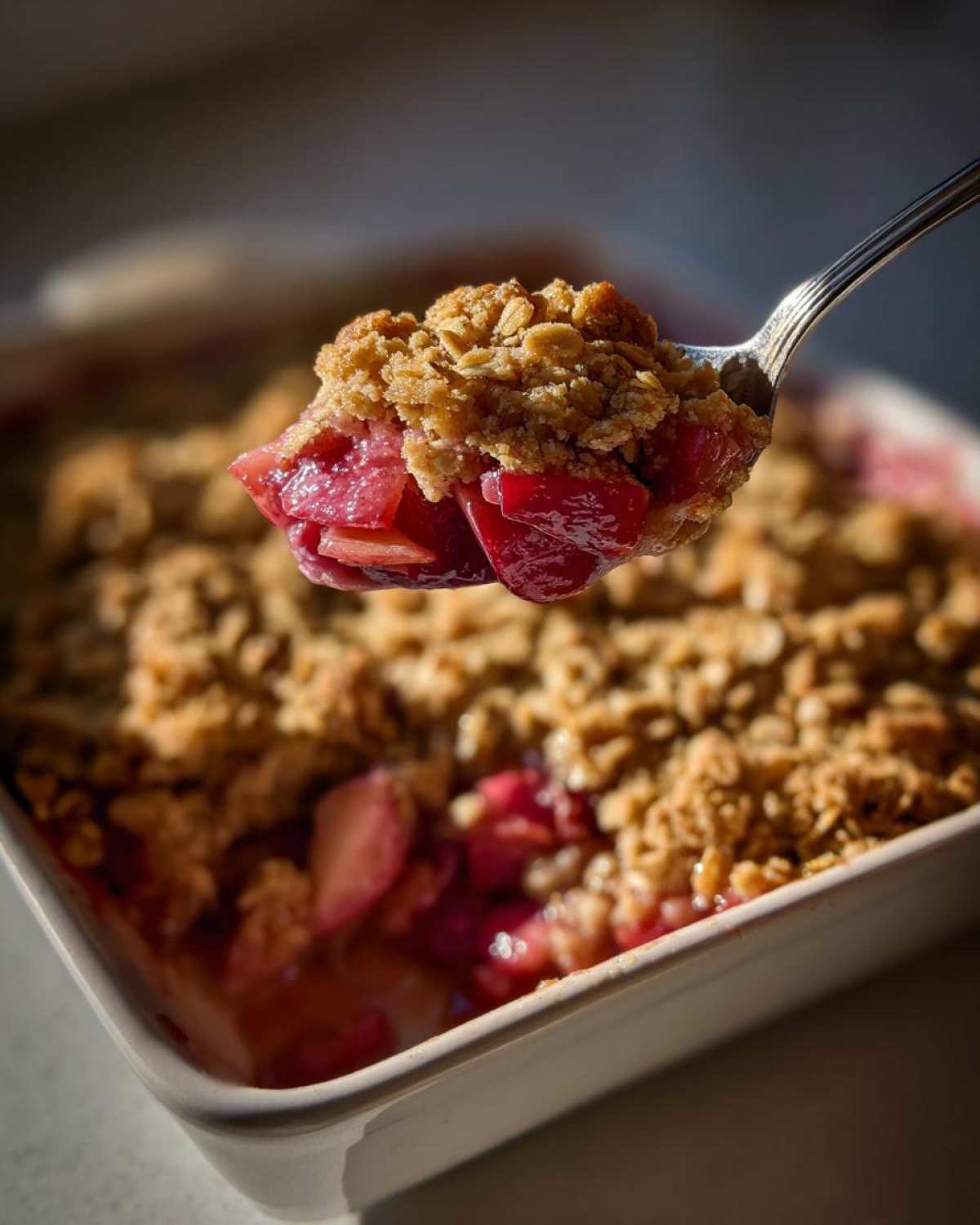 A spoonful of warm rhubarb crisp showing bright red rhubarb filling and golden oat topping being lifted from a baking dish.