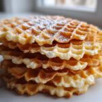 Close-up of a stack of freshly made, golden brown pizzelle cookies lightly dusted with powdered sugar.