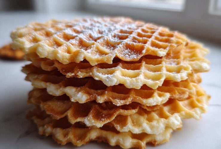 Close-up of a stack of freshly made, golden brown pizzelle cookies lightly dusted with powdered sugar.