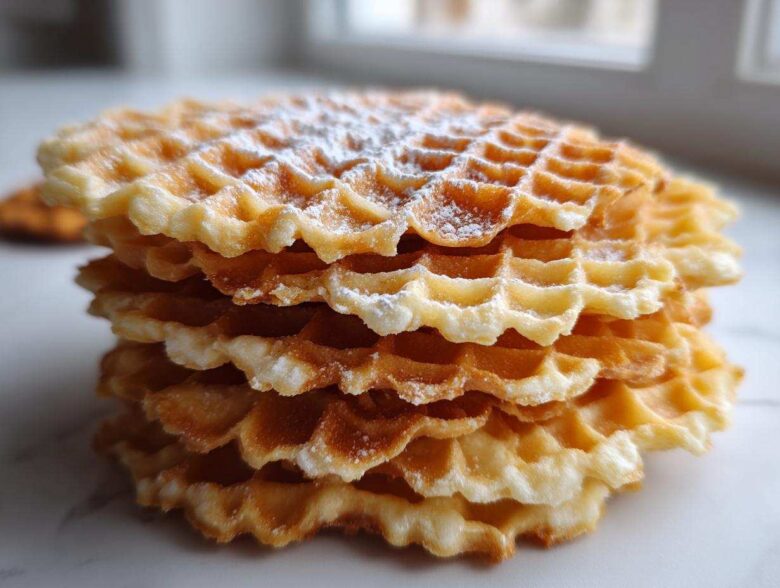 Close-up of a stack of freshly made, golden brown pizzelle cookies lightly dusted with powdered sugar.