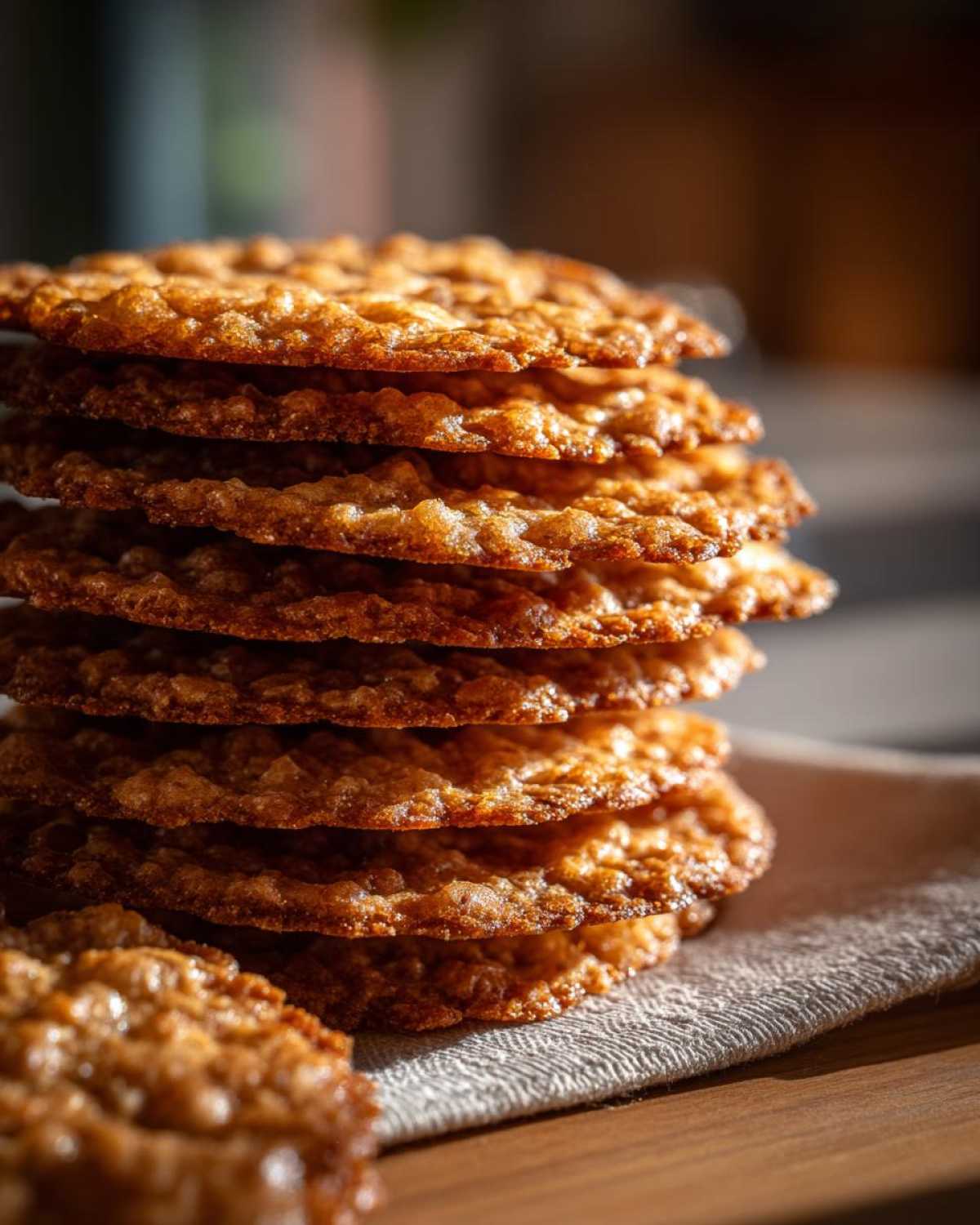 Close-up of a tall stack of crispy, golden-brown oatmeal lace cookies resting on a linen napkin.