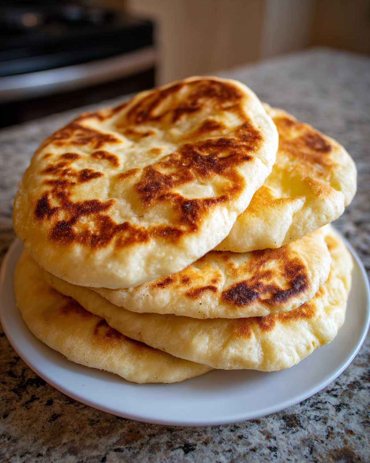 A stack of four freshly cooked, slightly charred pita bread rounds resting on a white plate.