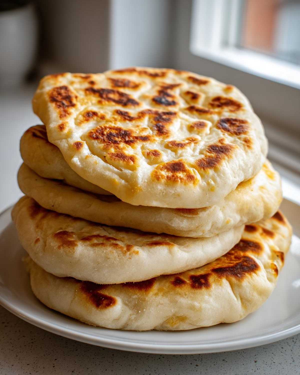 A stack of four freshly cooked, slightly charred pita bread rounds resting on a white plate.