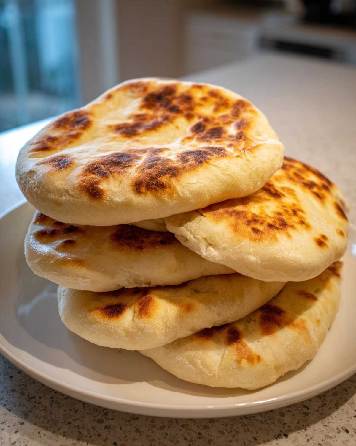 A stack of four freshly cooked, slightly puffy pita bread rounds with charred brown spots, resting on a white plate.