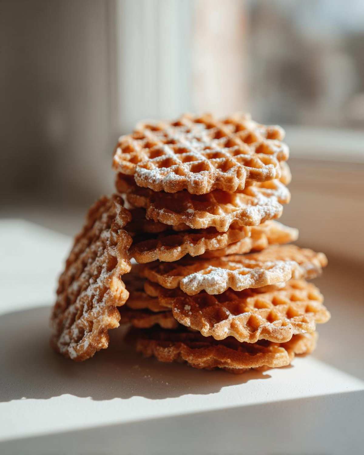 A tall stack of golden brown pizzelle cookies dusted lightly with powdered sugar, illuminated by soft sunlight.