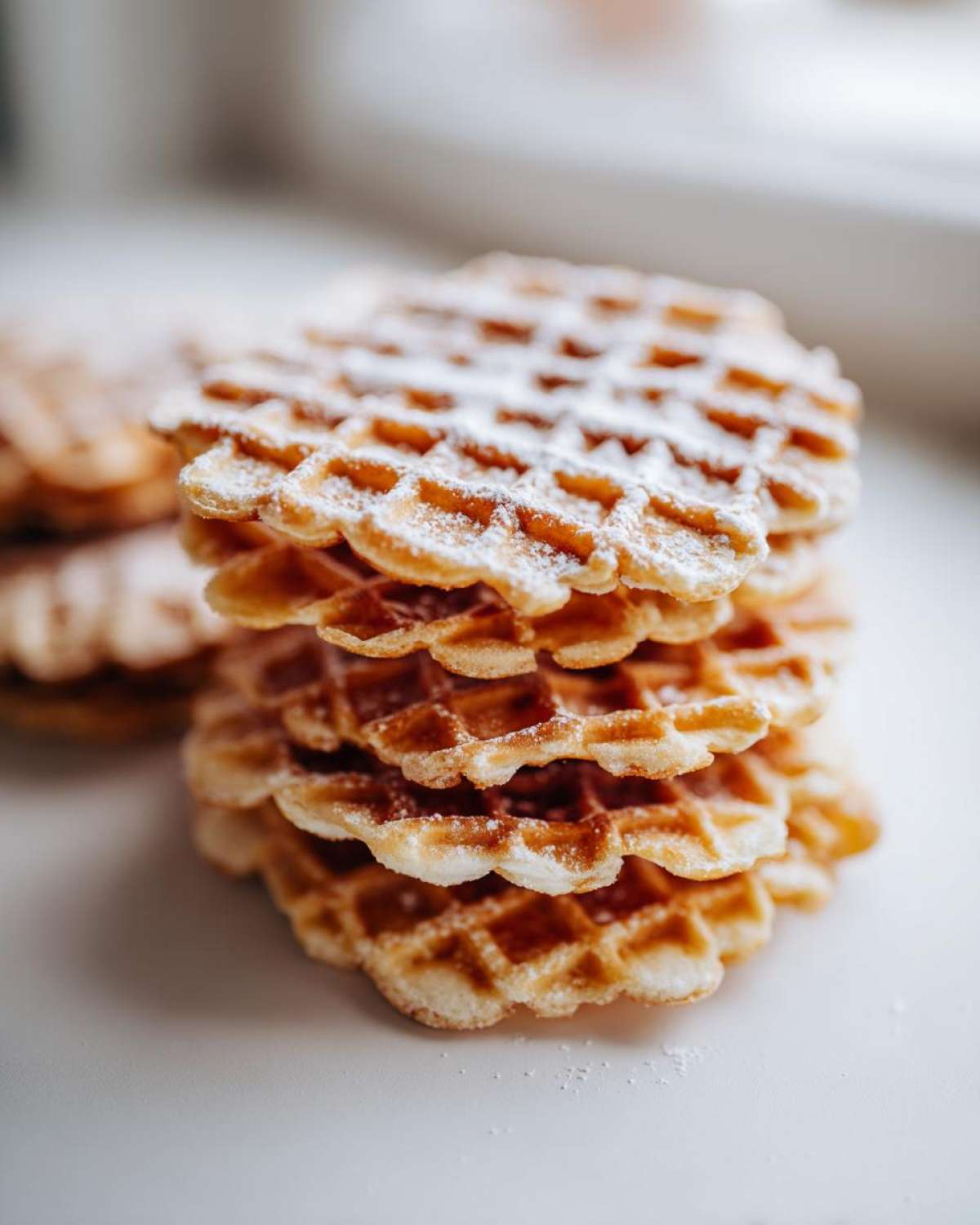 A close-up stack of golden brown pizzelle cookies dusted generously with powdered sugar.