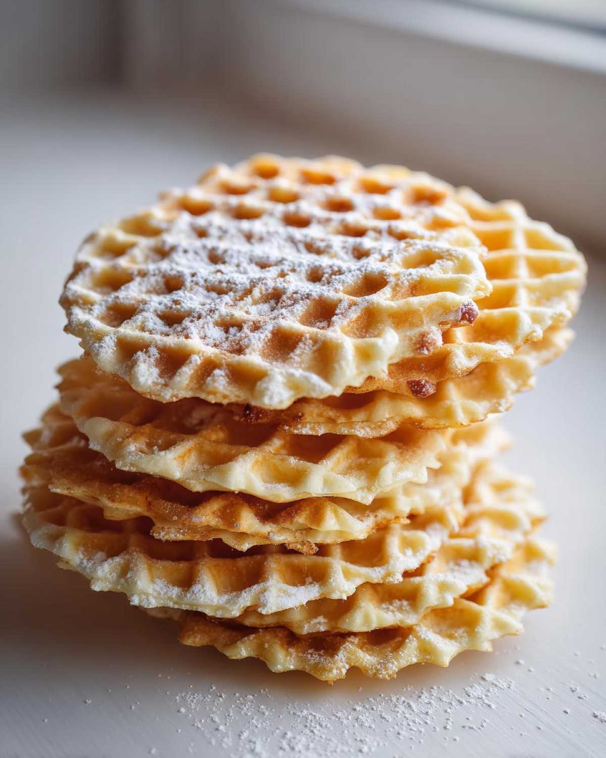 A tall stack of golden brown pizzelle cookies dusted with powdered sugar, showing their delicate waffle pattern.