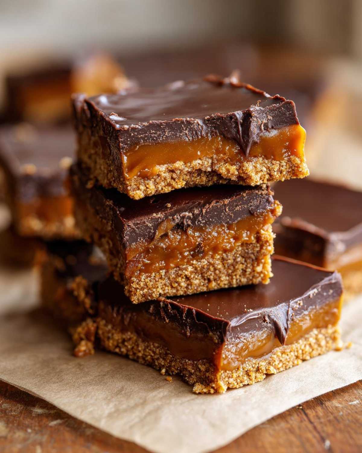 Three stacked squares of rich graham cracker toffee bars topped with smooth chocolate ganache.