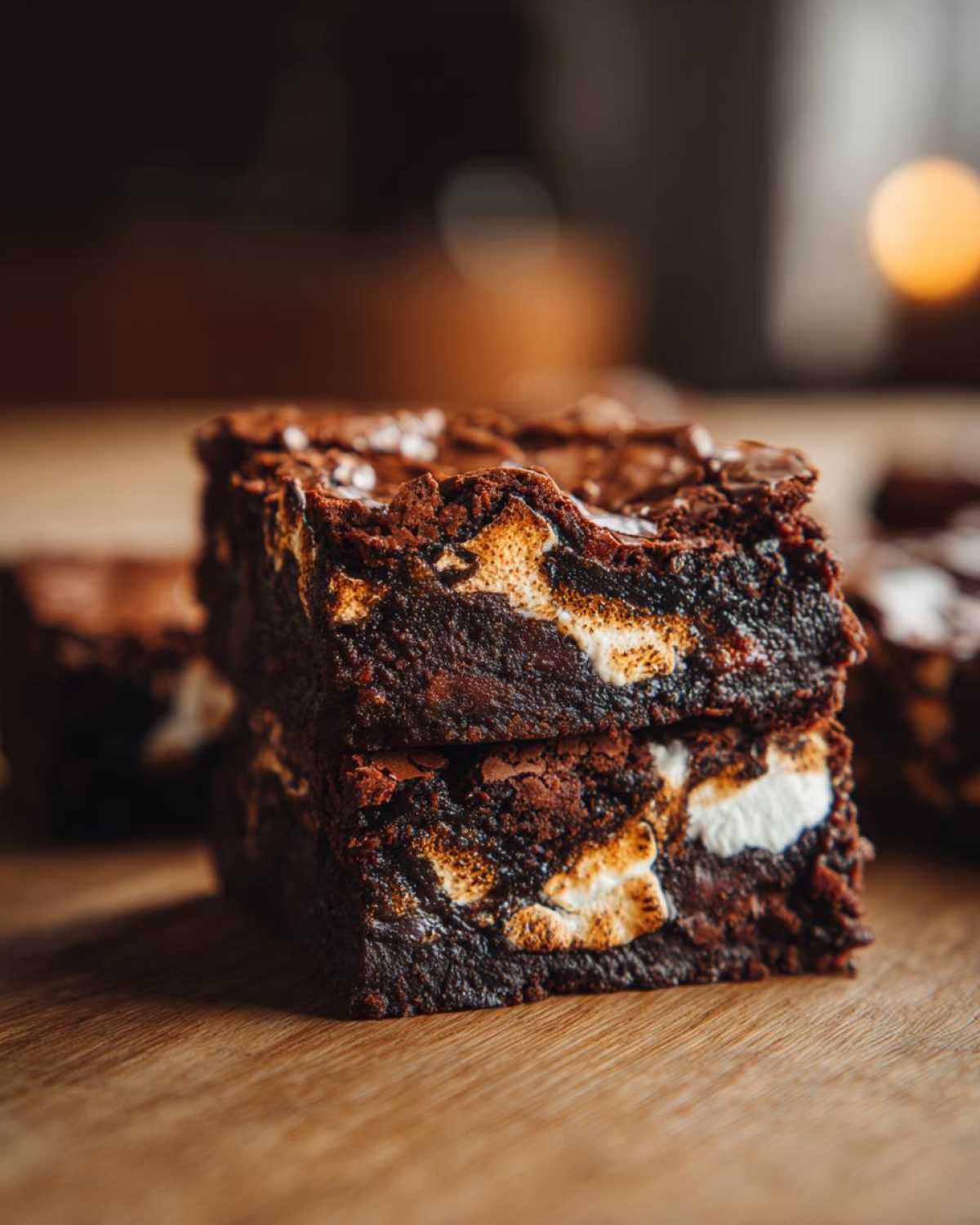 Two rich, fudgy hot chocolate brownies stacked on a wooden surface, showing melted marshmallows inside.