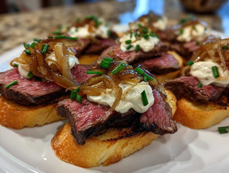Close-up of several steak crostini appetizers topped with medium-rare steak, creamy sauce, caramelized onions, and chives.
