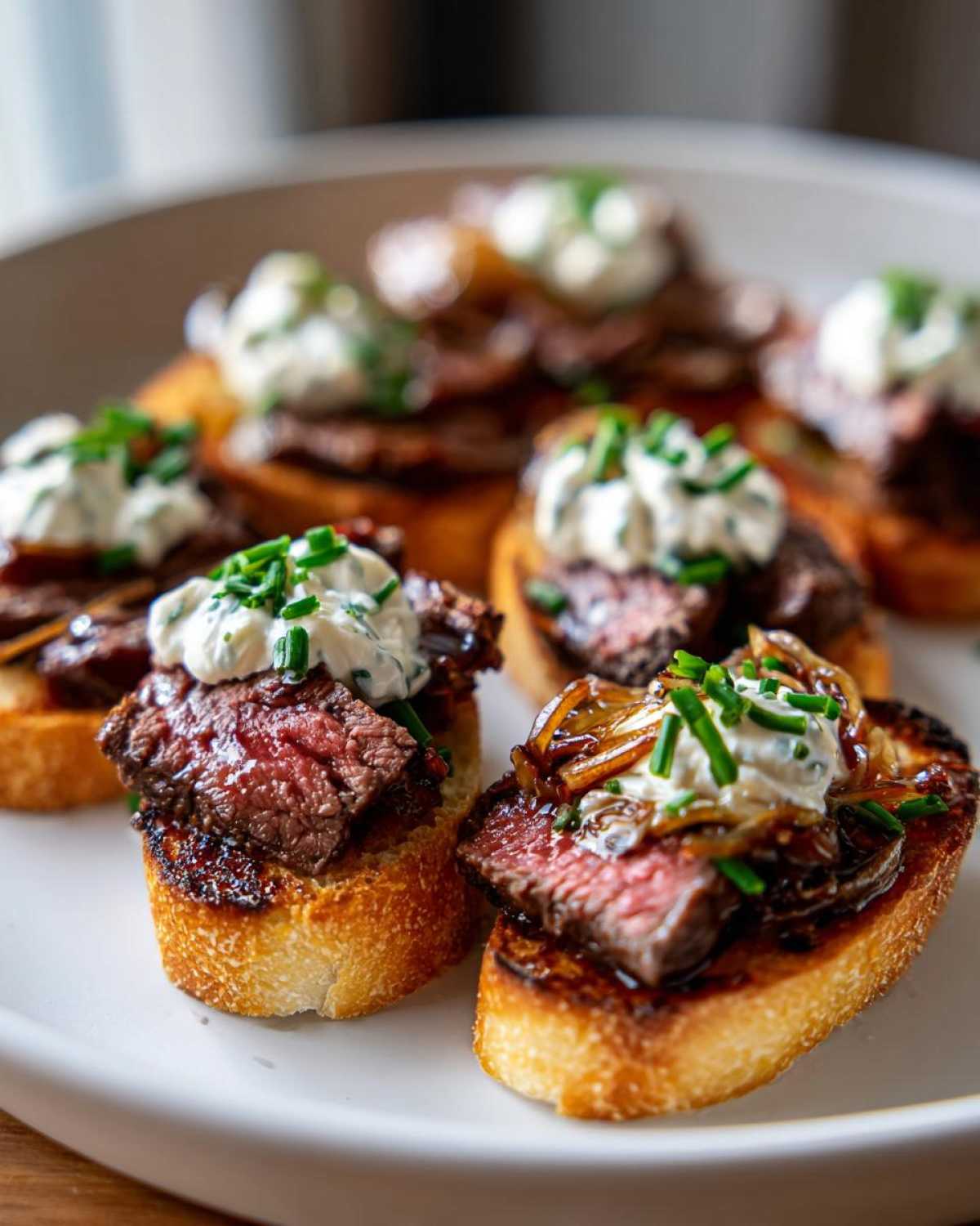 Close-up of several perfectly cooked steak crostini appetizers topped with caramelized onions and herbed cream cheese.