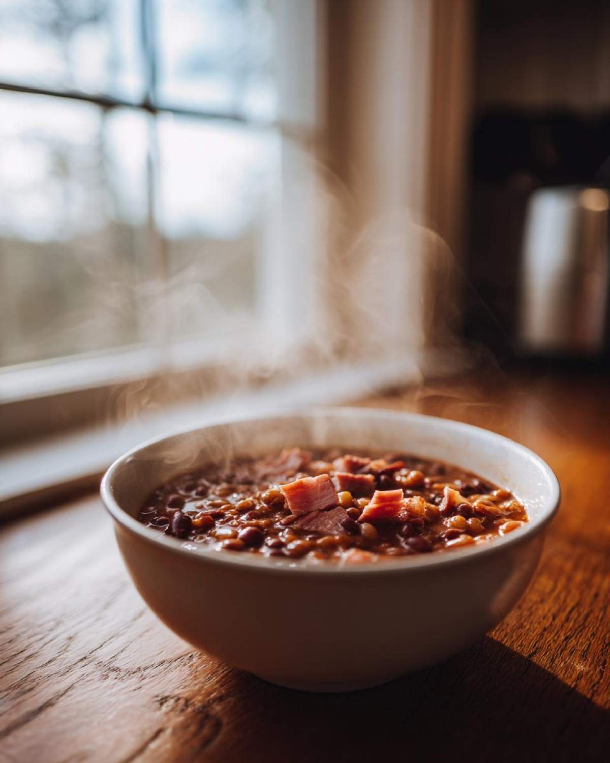 A steaming white bowl filled with rich, hearty Amazing 15 Bean Soup topped with chunks of ham, set on a wooden table near a bright window.