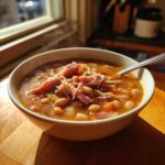 A steaming bowl of hearty 15 bean soup topped with shredded ham, sitting by a sunlit window.