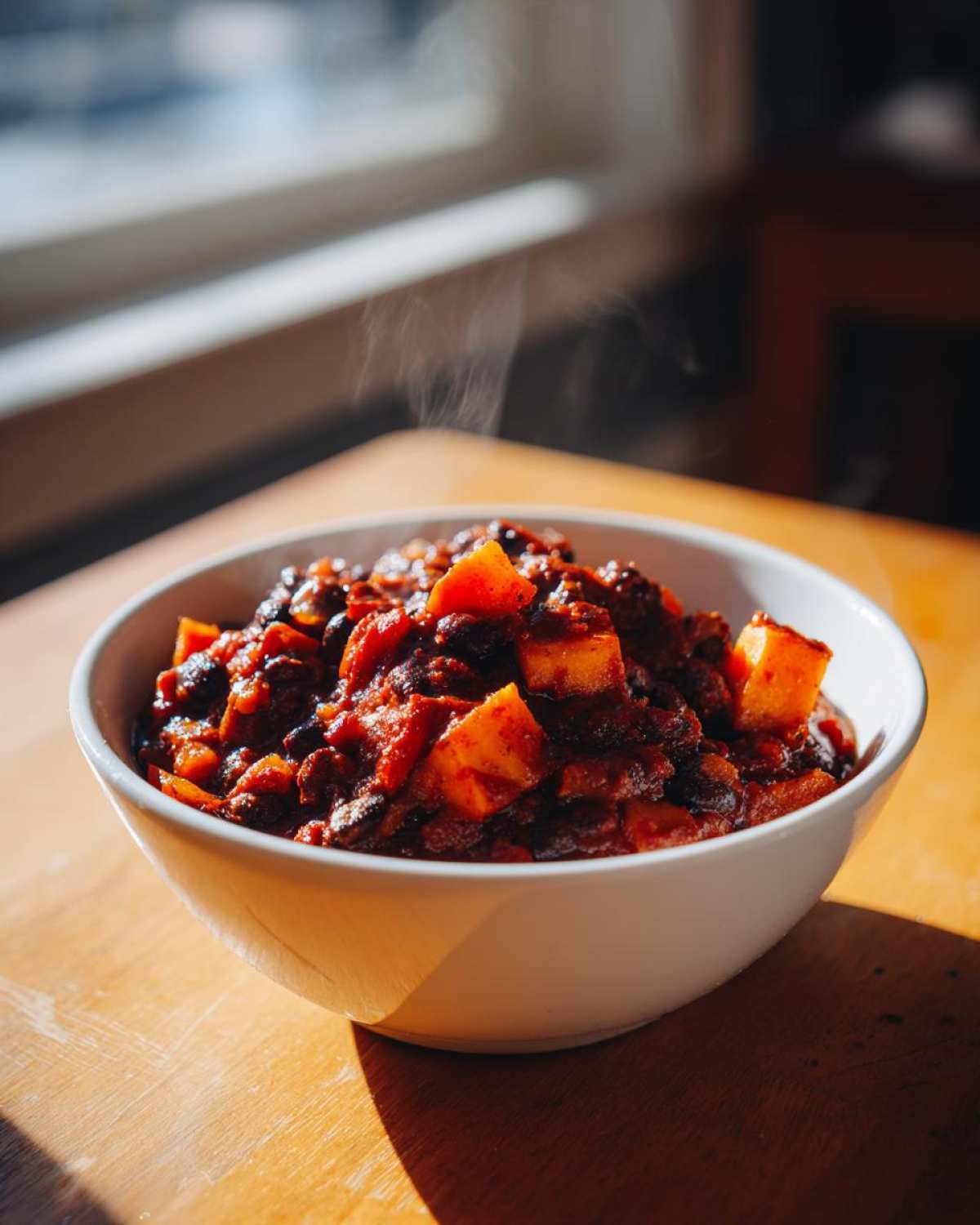 A steaming white bowl filled with smoky black bean chili mixed with visible chunks of orange squash, set on a wooden table near a window.