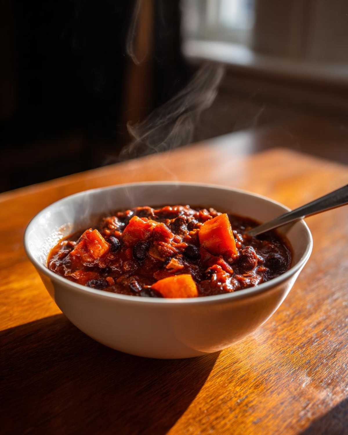 A steaming white bowl filled with rich, dark black bean chili containing visible chunks of sweet potato, resting on a wooden table.
