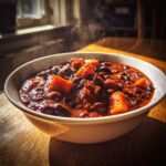Close-up of a steaming white bowl filled with rich, smoky black bean chili featuring visible chunks of sweet potato.