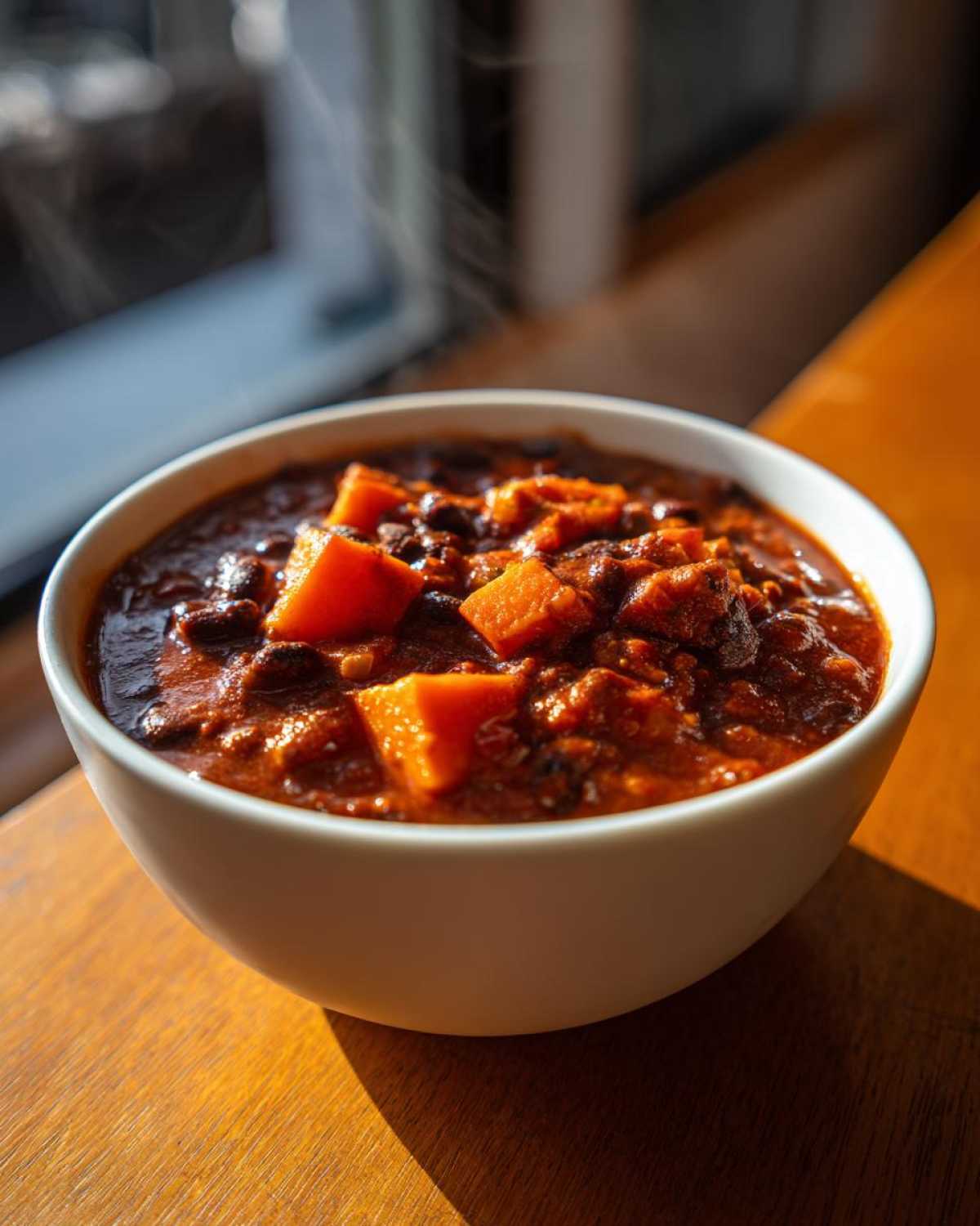 Close-up of a steaming white bowl filled with smoky black bean chili featuring chunks of bright orange sweet potato.
