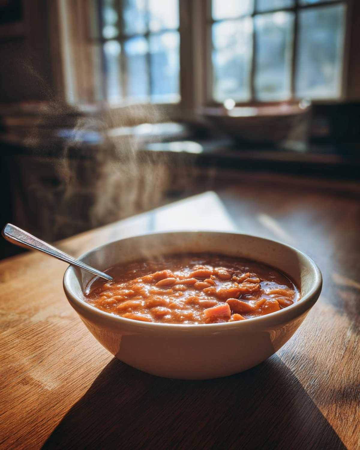 A steaming white bowl filled with rich, orange-colored 15 bean soup sits on a wooden table near a window.