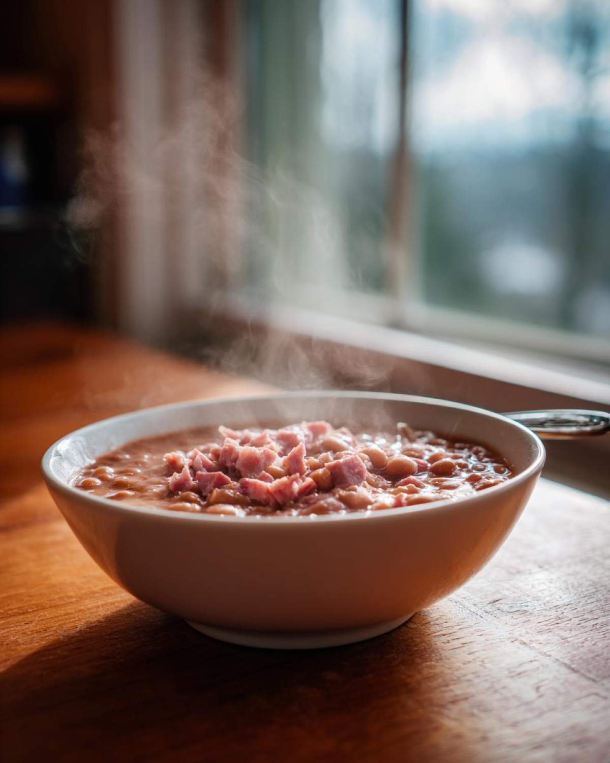 A steaming white bowl of amazing 15 bean soup topped with diced ham, sitting on a wooden table near a bright window.