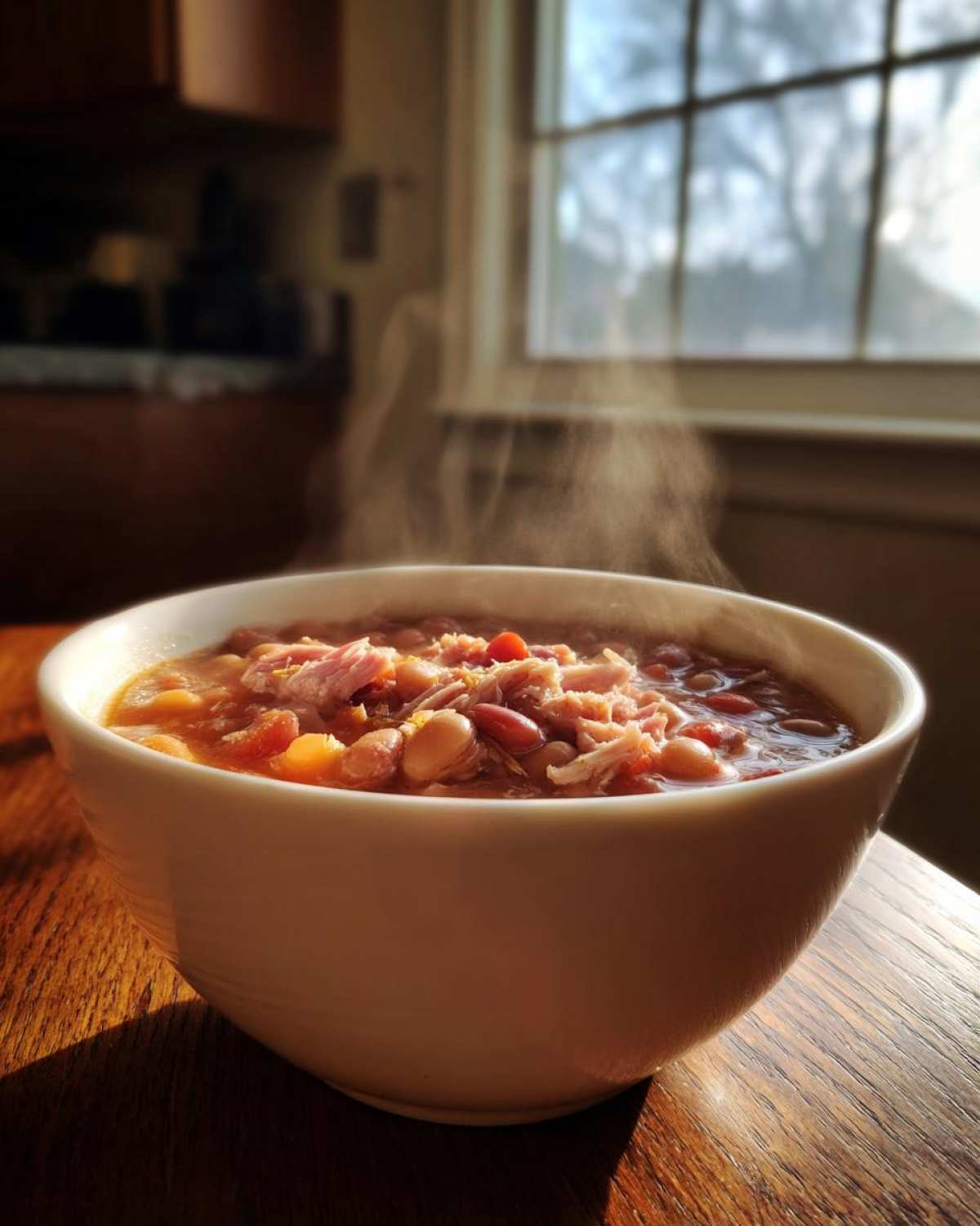 A steaming white bowl of amazing 15 bean soup topped with shredded ham, sitting on a wooden table near a sunlit window.