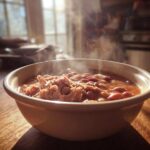 A steaming bowl of hearty bean soup topped with shredded meat, sitting on a sunlit wooden table.