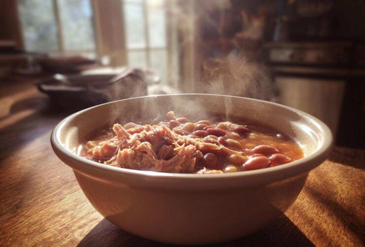 A steaming bowl of hearty bean soup topped with shredded meat, sitting on a sunlit wooden table.