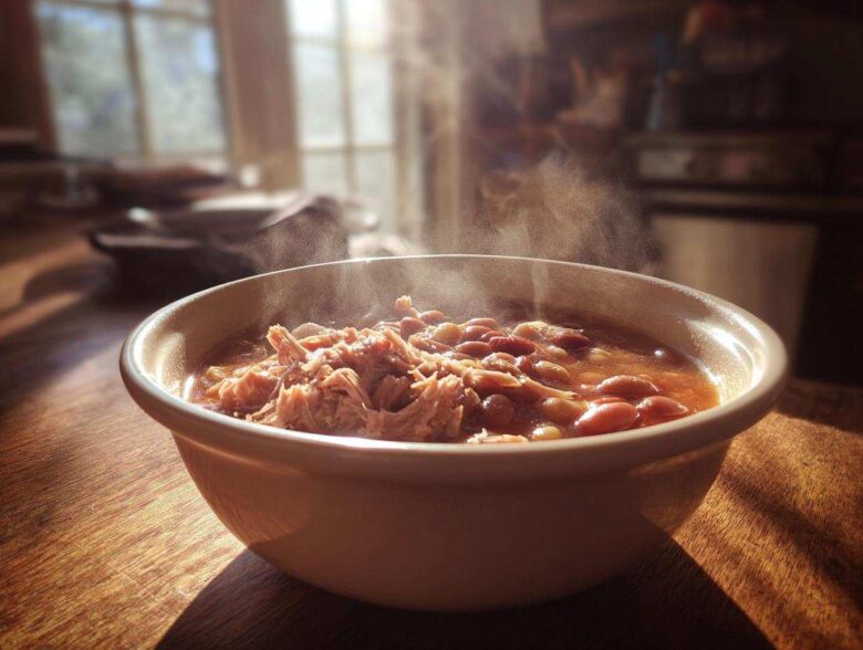 A steaming bowl of hearty bean soup topped with shredded meat, sitting on a sunlit wooden table.