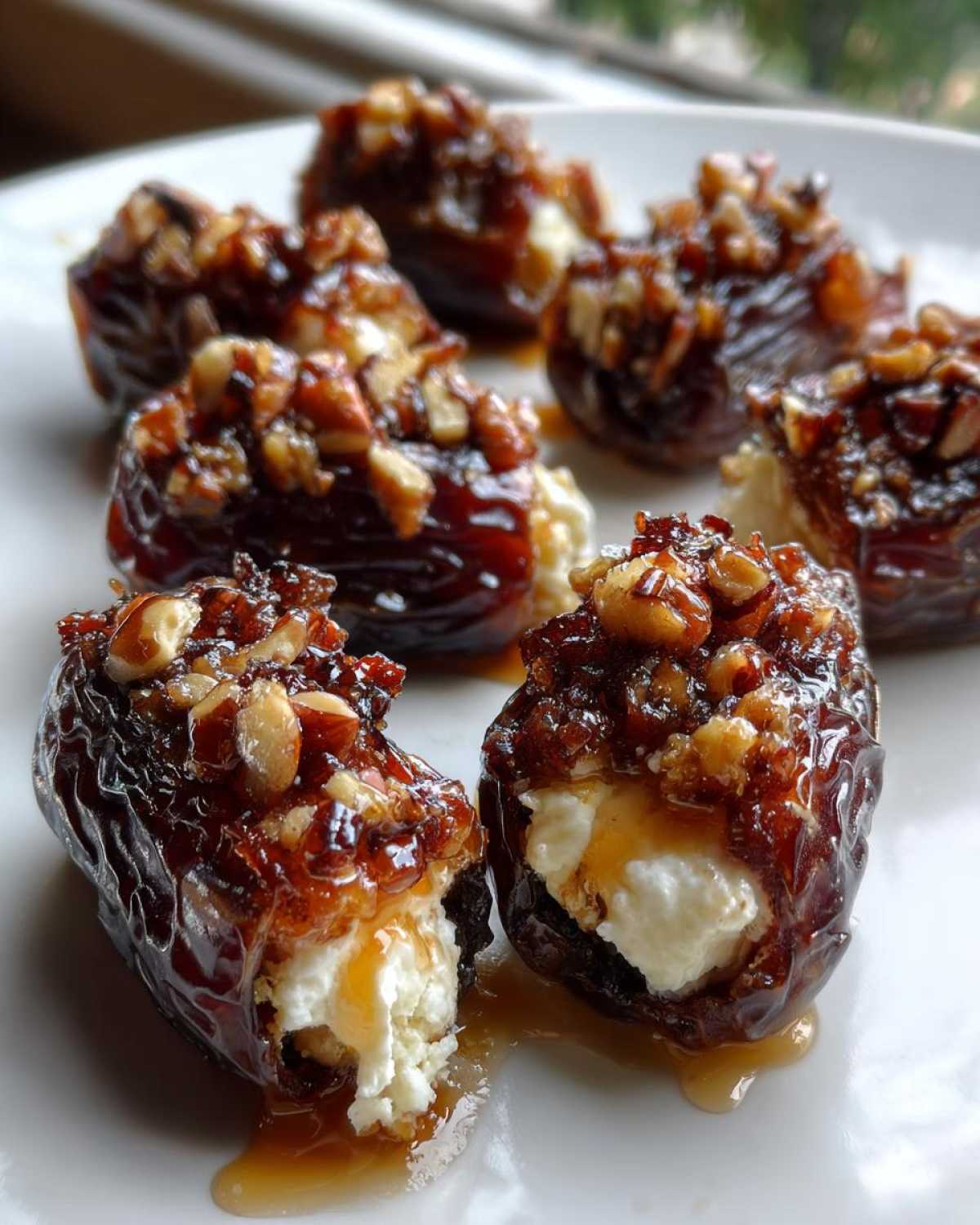 Close-up of several sweet stuffed dates filled with creamy cheese and topped with chopped nuts and glaze.