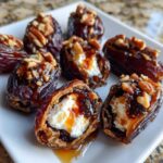 Close-up of several sweet stuffed dates filled with cream cheese, drizzled with glaze, and topped with chopped nuts.