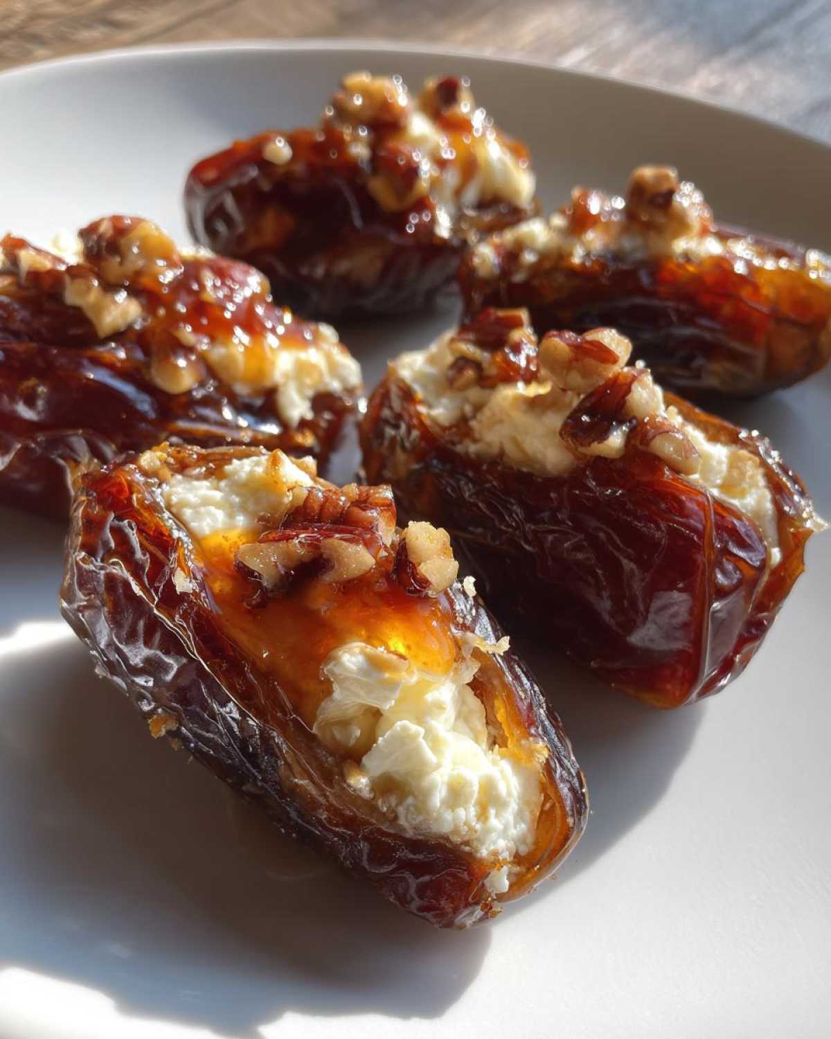 Close-up of five cream cheese stuffed dates drizzled with honey and topped with chopped walnuts.