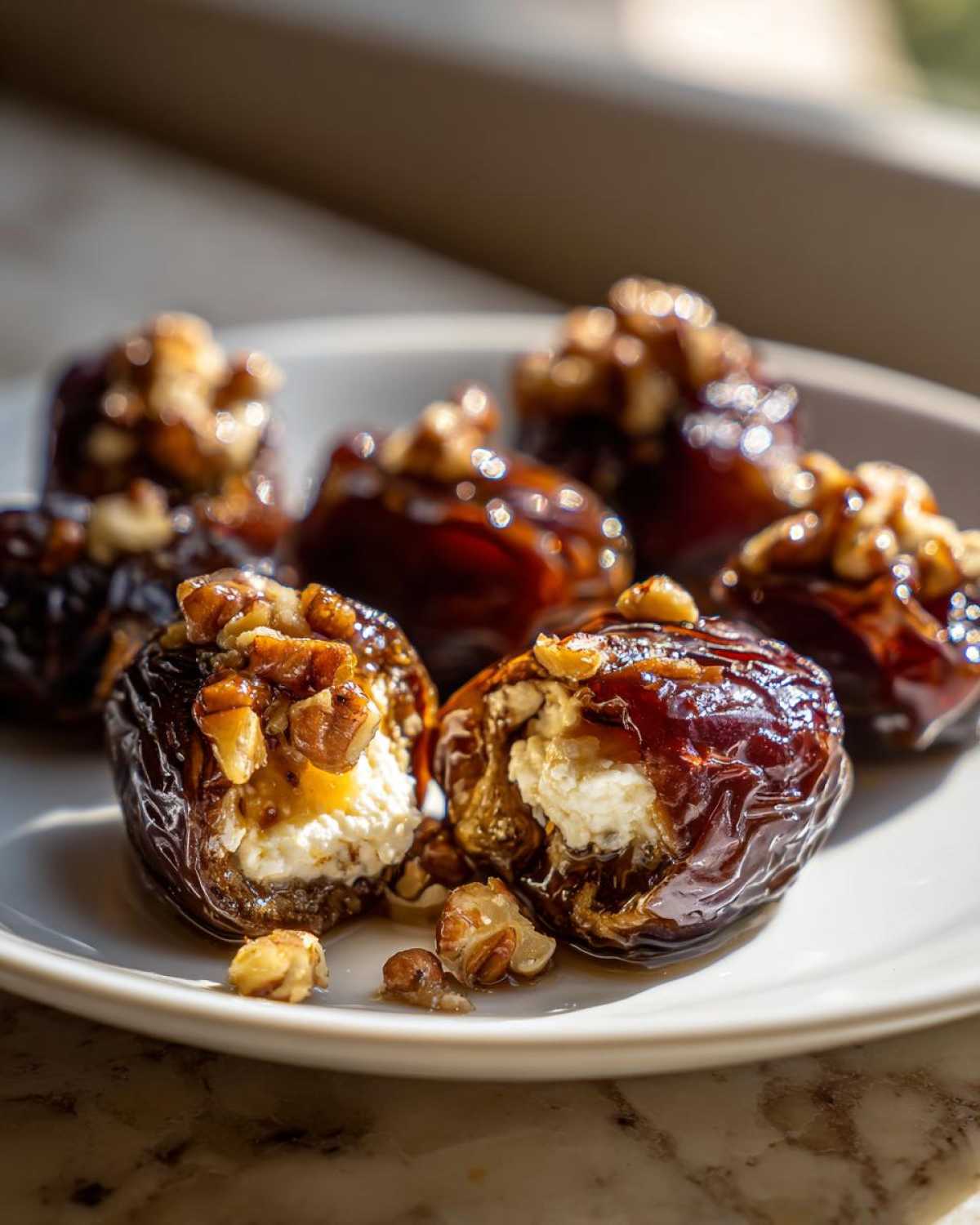 Close-up of several delicious stuffed dates filled with cream cheese and topped with walnuts, showcasing the texture of the stuffed dates.