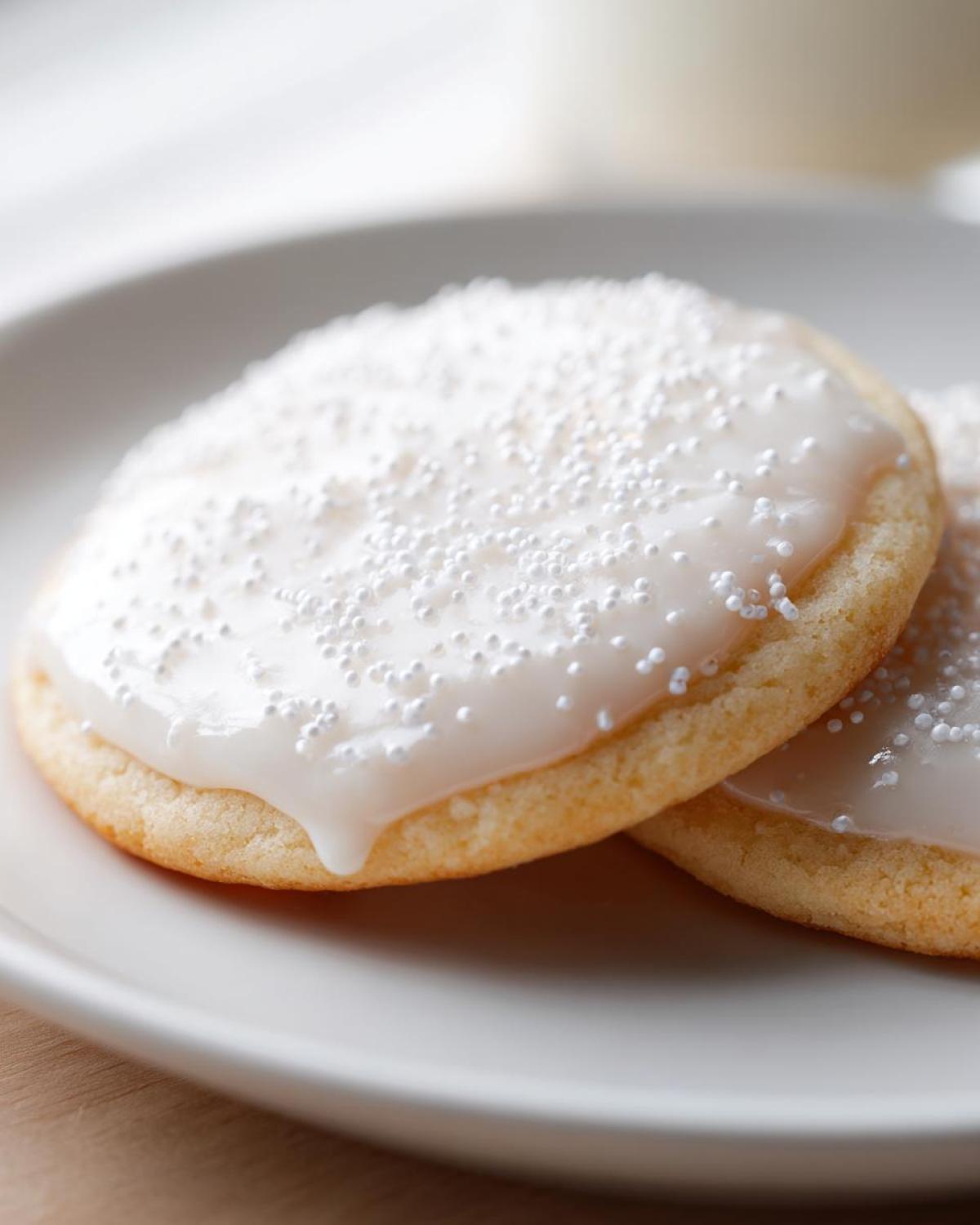 Close-up of sugar cookies topped with white sugar cookie icing that hardens and white nonpareils.