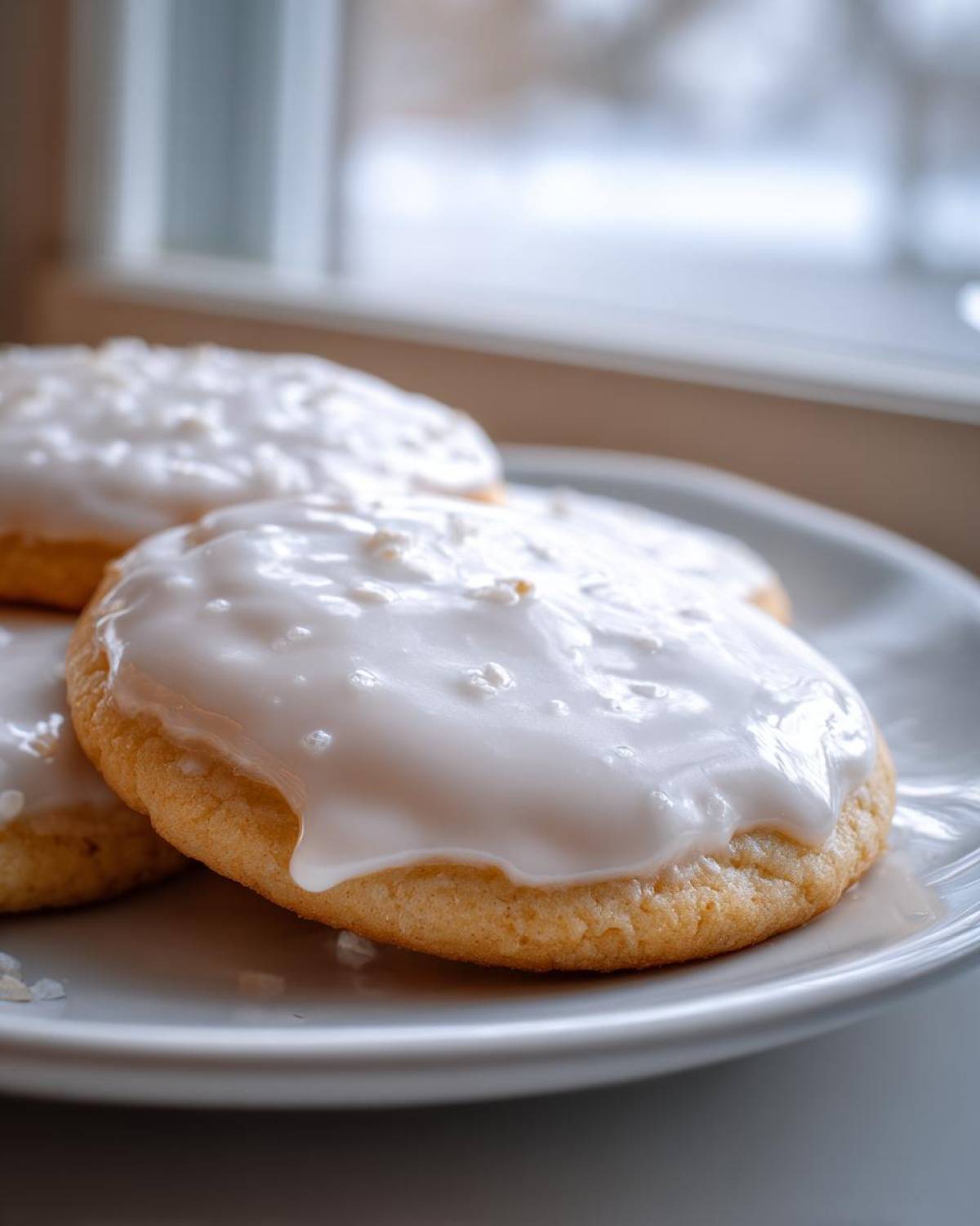 Close-up of soft sugar cookies topped with thick, glossy white sugar cookie icing that hardens.