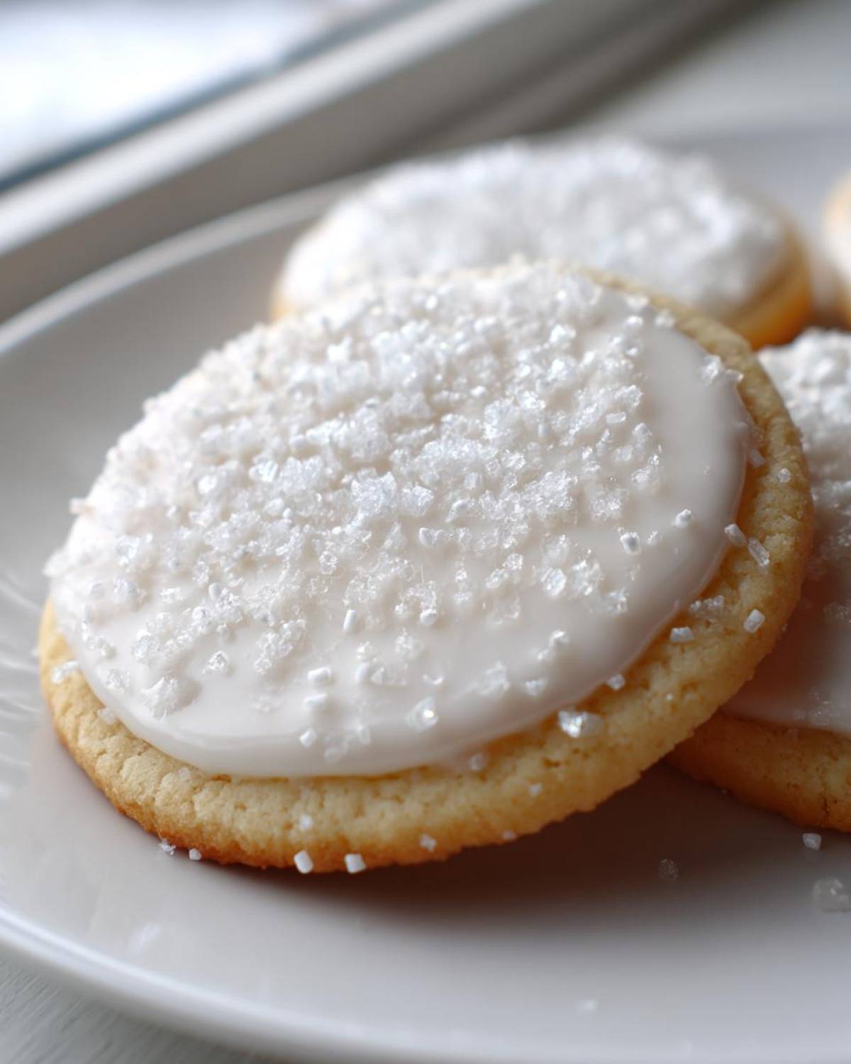 Close-up of a sugar cookie with smooth white sugar cookie icing that hardens, topped with coarse sanding sugar.