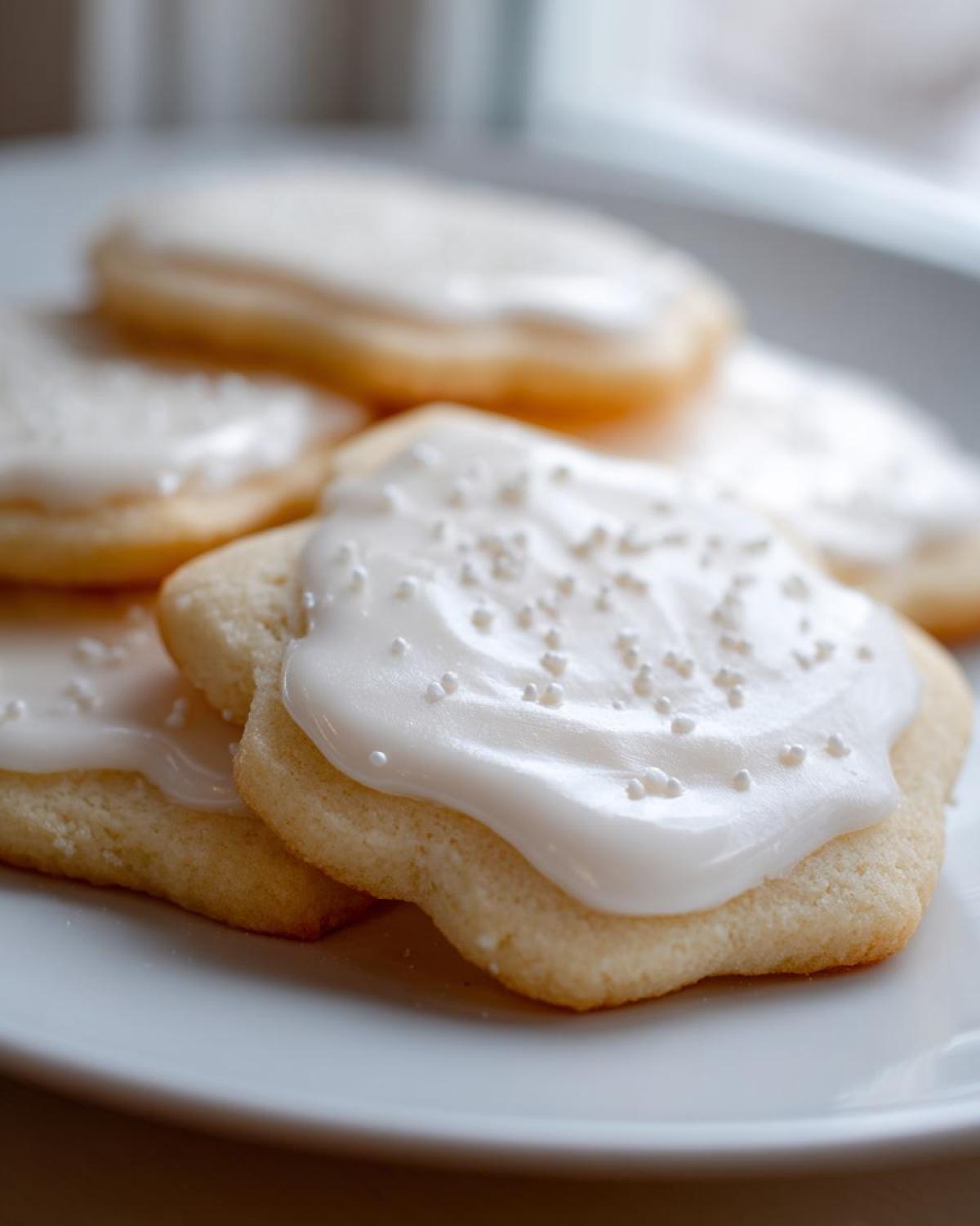 Close-up of sugar cookies topped with thick, white sugar cookie icing that hardens, sprinkled with white nonpareils.