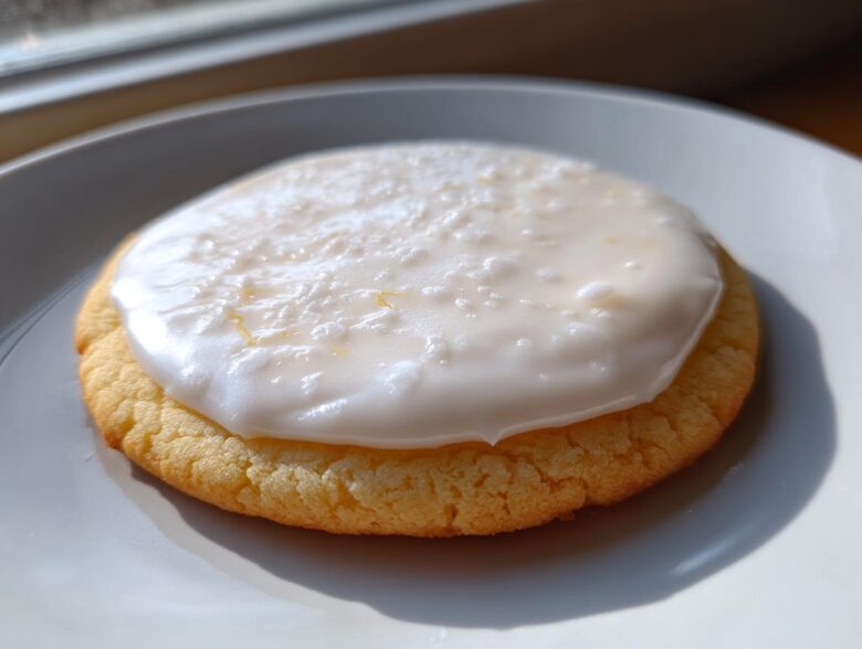 Close-up of a round sugar cookie topped with thick, white sugar cookie icing that hardens.