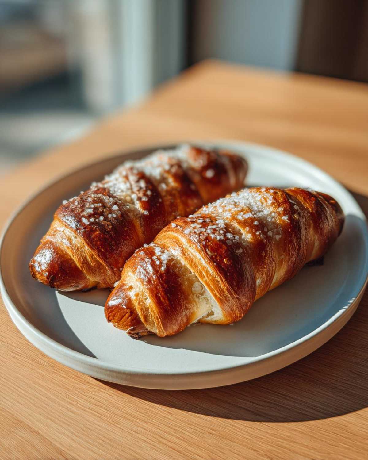 Two golden-brown, shiny croissants sprinkled with pearl sugar resting on a light gray plate, despite the article being about pretzel dogs.