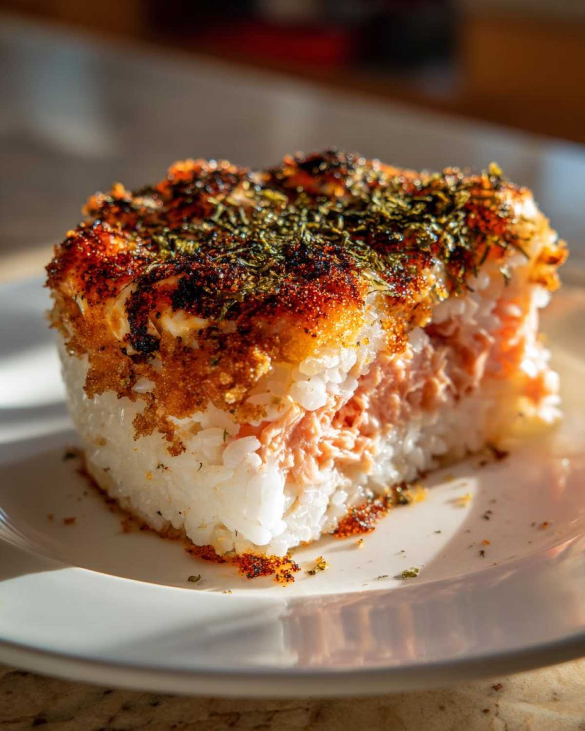 A square serving of baked sushi with a crispy, browned topping and creamy salmon filling, sitting on a white plate.