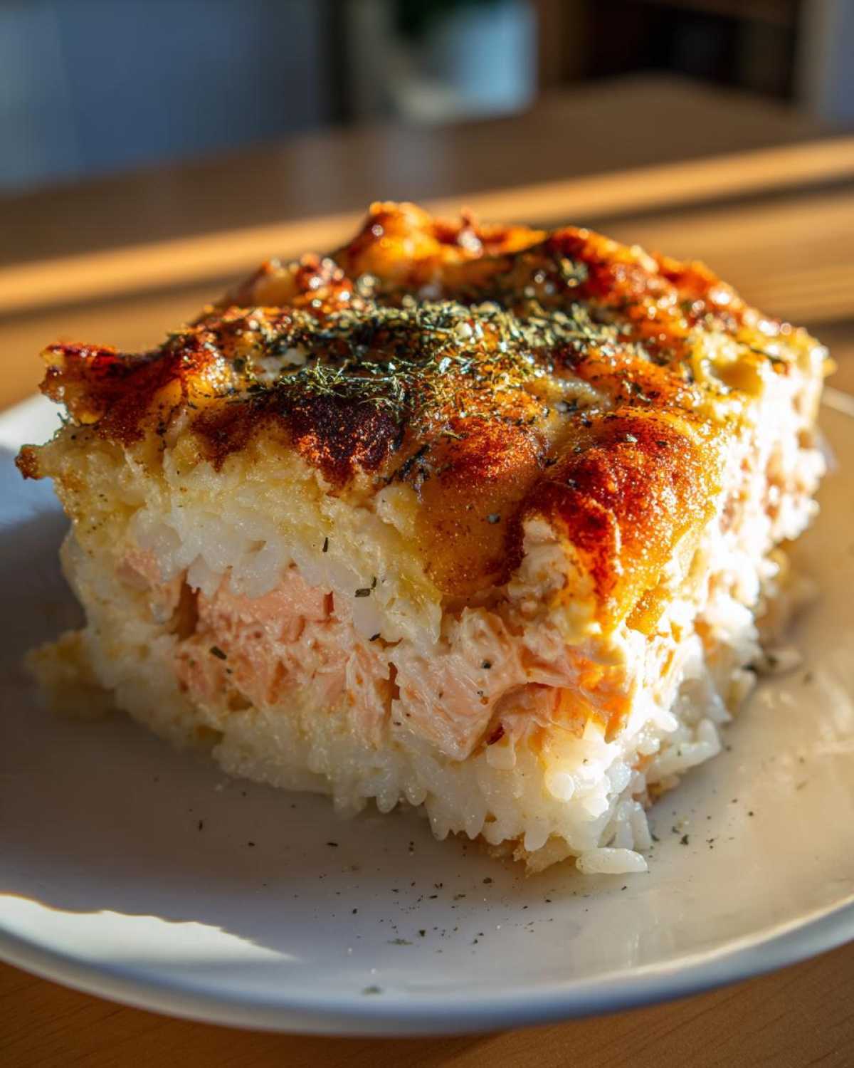 Close-up of a square slice of baked sushi bake showing layers of rice and salmon filling, topped with melted cheese and herbs.
