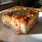 A square slice of baked salmon sushi bake with a golden-brown, crispy top layer, served on a white plate.