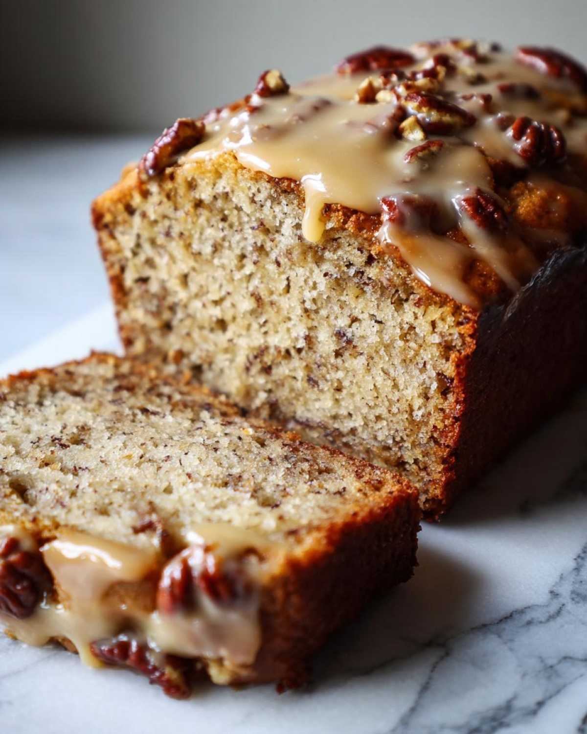A loaf of sweet alabama pecan bread, partially sliced, topped with a thick caramel glaze and pecans.
