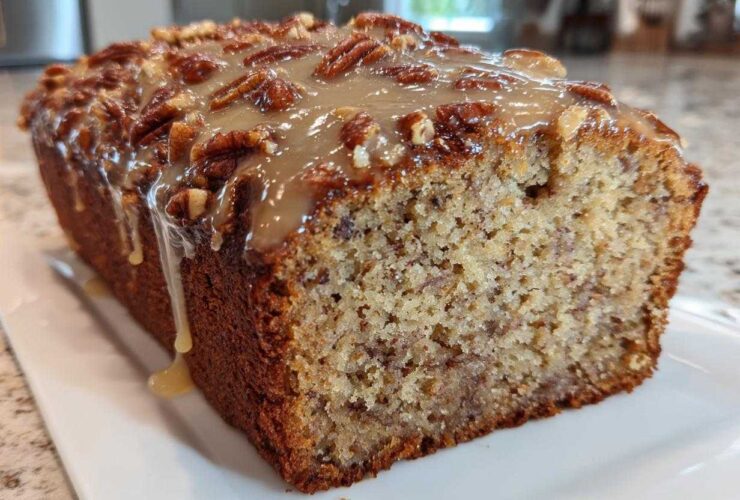 Close-up of a loaf of sweet alabama pecan bread topped with pecan halves and a thick caramel glaze dripping down the side.